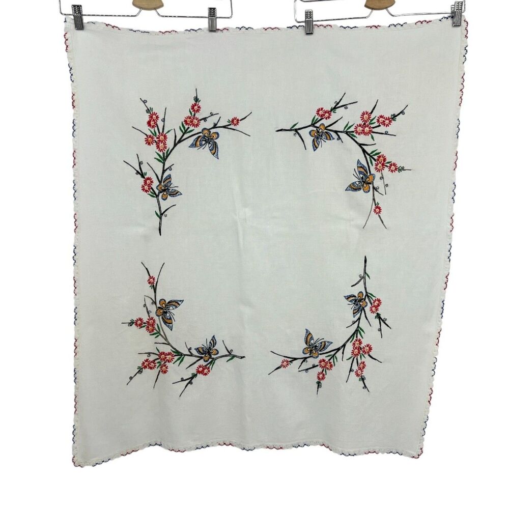Vintage Tablecloth embroidered butterflies and flowers square 38 x 33 handmade